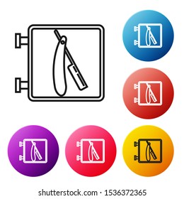 Black line Barbershop with razor icon isolated on white background. Hairdresser logo or signboard. Set icons colorful circle buttons. Vector Illustration