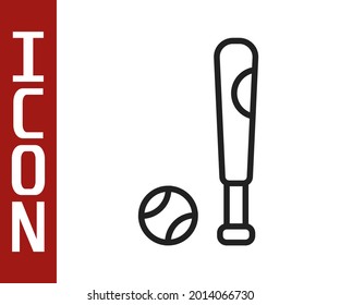 Black line Baseball bat with ball icon isolated on white background.  Vector