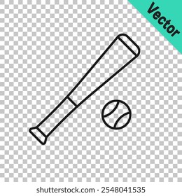 Black line Baseball bat with ball icon isolated on transparent background.  Vector