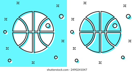 Black line Basketball ball icon isolated on green and white background. Sport symbol. Random dynamic shapes. Vector Illustration