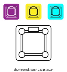 Black line Bathroom scales icon on white background. Weight measure Equipment. Weight Scale fitness sport concept. Set icons colorful square buttons. Vector Illustration