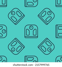 Black line Bathroom scales icon isolated seamless pattern on green background. Weight measure Equipment. Weight Scale fitness sport concept.  Vector