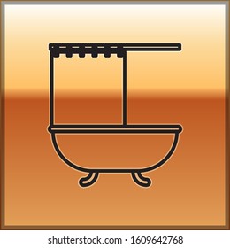 Black line Bathtub with open shower curtain icon isolated on gold background.  Vector Illustration