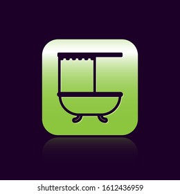 Black line Bathtub with open shower curtain icon isolated on black background. Green square button. Vector Illustration