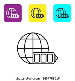 Black line Battery charge level indicator with earth globe icon isolated on white background. World or Earth sign. Set icons colorful square buttons. Vector Illustration