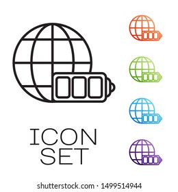 Black line Battery charge level indicator with earth globe icon isolated on white background. World or Earth sign. Set icons colorful. Vector Illustration