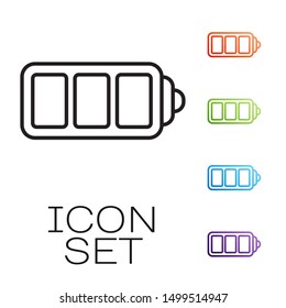 Black line Battery charge level indicator icon isolated on white background. Set icons colorful. Vector Illustration