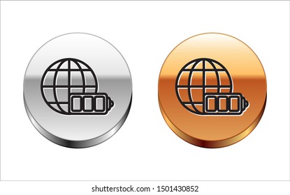 Black line Battery charge level indicator with earth globe icon isolated on white background. World or Earth sign. Silver-gold circle button. Vector Illustration