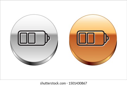 Black line Battery charge level indicator icon isolated on white background. Silver-gold circle button. Vector Illustration