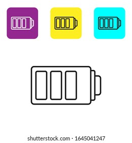 Leuchtenanzeige für die schwarze Linie Akkuladung Symbol einzeln auf weißem Hintergrund. Stellen Sie Symbole mit bunten Quadrat-Schaltflächen ein. Vektorillustration-Illustration
