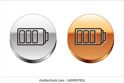 Black line Battery charge level indicator icon isolated on white background. Silver-gold circle button. Vector Illustration