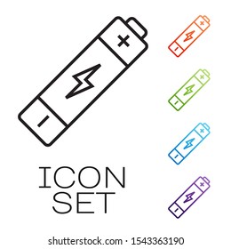 Black line Battery icon isolated on white background. Lightning bolt symbol. Set icons colorful. Vector Illustration