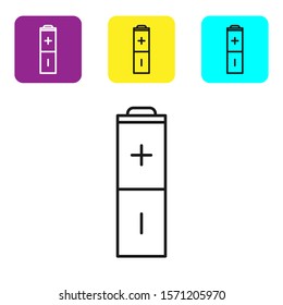 Black line Battery icon isolated on white background. Lightning bolt symbol. Set icons colorful square buttons. Vector Illustration