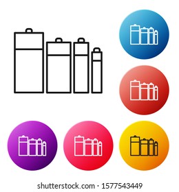 Black line Battery icon isolated on white background. Lightning bolt symbol. Set icons colorful circle buttons. Vector Illustration