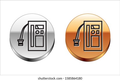Black line Battery icon isolated on white background. Accumulator battery energy power and electricity accumulator battery. Silver-gold circle button. Vector Illustration