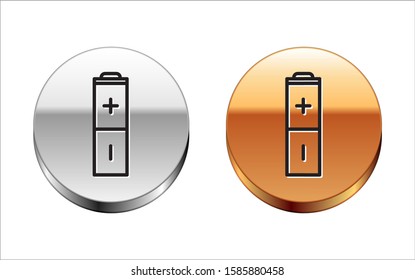 Black line Battery icon isolated on white background. Lightning bolt symbol. Silver-gold circle button. Vector Illustration