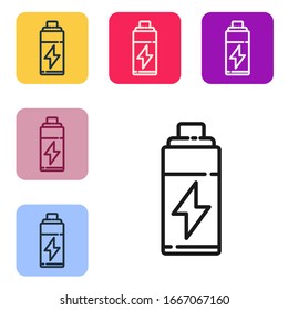 Black line Battery icon isolated on white background. Lightning bolt symbol. Set icons in color square buttons. Vector Illustration