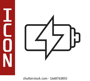 Schwarze Linie Akkusymbol einzeln auf weißem Hintergrund. Blitzschlagsymbol. Vektorillustration-Illustration