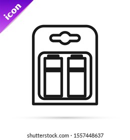 Black line Battery in pack icon isolated on white background. Lightning bolt symbol.  Vector Illustration