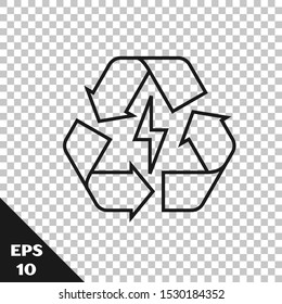 Black line Battery with recycle symbol line icon isolated on transparent background. Battery with recycling symbol - renewable energy concept.  Vector Illustration