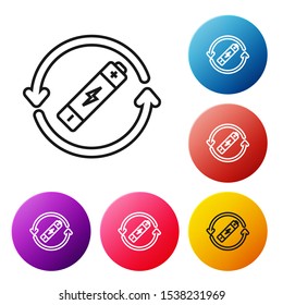 Black line Battery with recycle symbol line icon isolated on white background. Battery with recycling symbol - renewable energy concept. Set icons colorful circle buttons. Vector Illustration