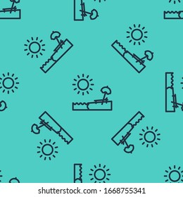 Black line Beach with umbrella and chair icon isolated seamless pattern on green background. Tropical beach landscape. Good sunny day.  Vector Illustration