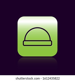 Black line Beanie hat icon isolated on black background. Green square button. Vector Illustration