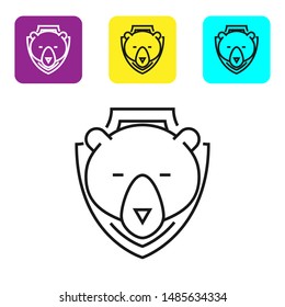 Black line Bear head on shield icon isolated on white background. Hunting trophy on wall. Set icons colorful square buttons. Vector Illustration