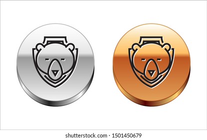 Black line Bear head on shield icon isolated on white background. Hunting trophy on wall. Silver-gold circle button. Vector Illustration Black line Bear head on shield icon isolated on white background. Hunting trophy on wall. Silver-gold circle button. Vector Illustration