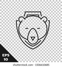 Black line Bear head on shield icon isolated on transparent background. Hunting trophy on wall.  Vector Illustration
