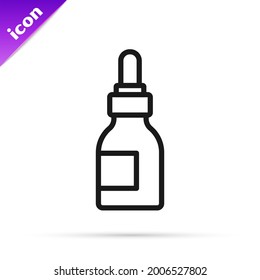 Black line Beard and mustaches care oil bottle icon isolated on white background. Glass bottle with pipette.  Vector