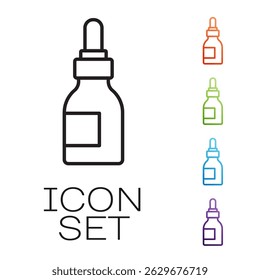 Black line Beard and mustaches care oil bottle icon isolated on white background. Glass bottle with pipette. Set icons colorful. Vector