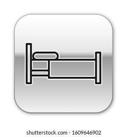 Black line Bed icon isolated on white background. Silver square button. Vector Illustration