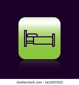 Black line Bed icon isolated on black background. Green square button. Vector Illustration