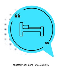 Black line Bed icon isolated on white background. Blue speech bubble symbol. Vector Illustration