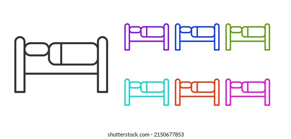 Icono de cama de línea negra aislado en fondo blanco. Indique los iconos en colores. Vector