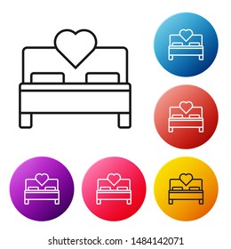 Black line Bedroom icon isolated on white background. Wedding, love, marriage symbol. Bedroom creative icon from honeymoon collection. Set icons colorful circle buttons. Vector Illustration