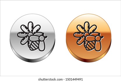 Black line Bee and flower icon isolated on white background. Sweet natural food. Honeybee or apis with wings symbol. Flying insect. Silver-gold circle button. Vector Illustration