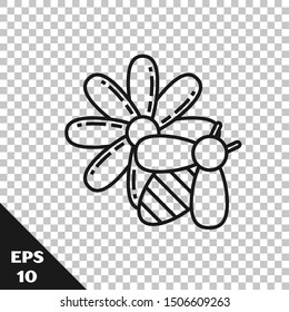 Black line Bee and flower icon isolated on transparent background. Sweet natural food. Honeybee or apis with wings symbol. Flying insect.  Vector Illustration