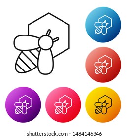 Black line Bee and honeycomb icon on white background. Honey cells. Honeybee or apis with wings symbol. Flying insect. Sweet natural food. Set icons colorful circle buttons. Vector Illustration