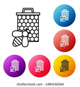 Black line Bee and honeycomb icon on white background. Honey cells. Sweet natural food. Honeybee or apis with wings symbol. Flying insect. Set icons colorful circle buttons. Vector Illustration