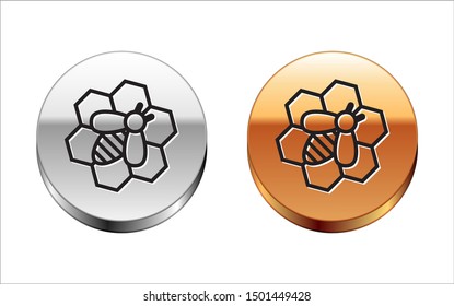 Black line Bee and honeycomb icon isolated on white background. Honey cells. Honeybee or apis with wings symbol. Flying insect. Sweet natural food. Silver-gold circle button. Vector Illustration