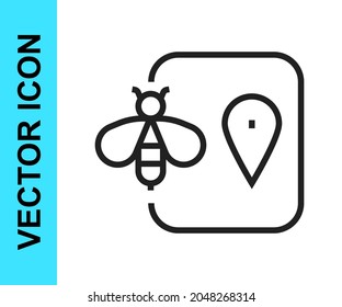 Black line Bee location map pin pointer icon isolated on white background. Farm animal map pointer.  Vector