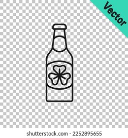 Schwarze Bierflasche mit Kleeblattblatt Symbol einzeln auf transparentem Hintergrund. Alles Gute zum Saint Patricks Tag. Nationaler Urlaub in Irland.  Vektorgrafik