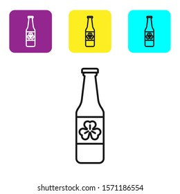 Black line Beer bottle with four leaf clover icon isolated on white background. Happy Saint Patricks day. Set icons colorful square buttons. Vector Illustration