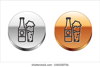 Black line Beer bottle and glass icon isolated on white background. Alcohol Drink symbol. Silver-gold circle button. Vector Illustration