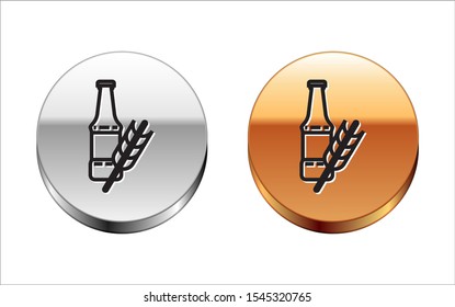 Black line Beer bottle icon isolated on white background. Silver-gold circle button. Vector Illustration