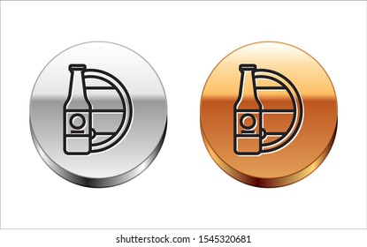 Black line Beer bottle and wooden barrel icon isolated on white background. Silver-gold circle button. Vector Illustration