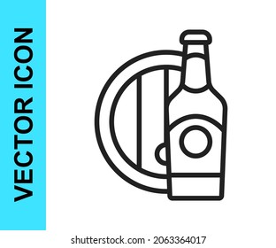 Black line Beer bottle and wooden barrel icon isolated on white background.  Vector