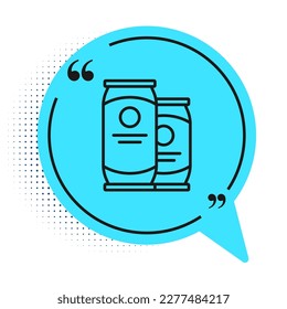 Black line Beer can icon isolated on white background. Blue speech bubble symbol. Vector